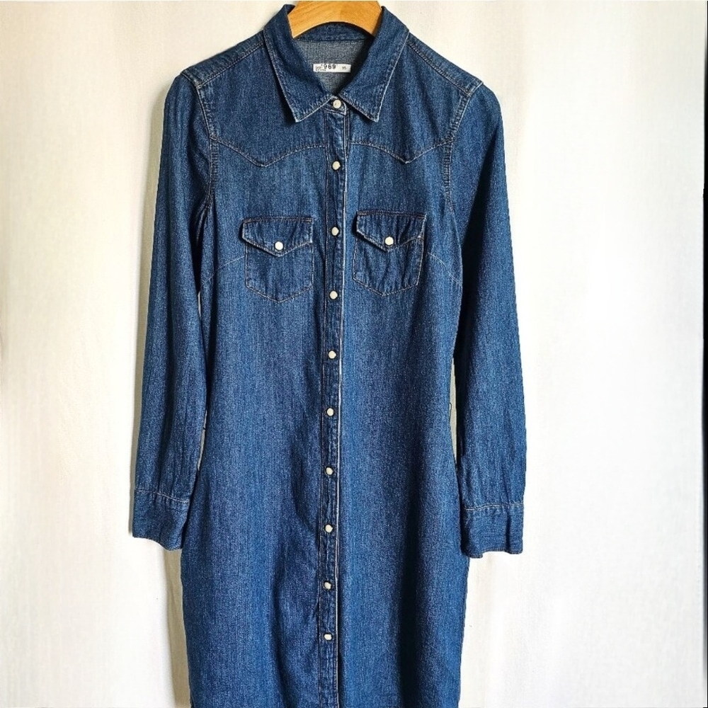 GAP 1969 Long Sleeve Medium Blue Denim Western Button Shirt Dress - Picture 3 of 16
